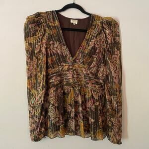 Hemant & Nandita Brown Paisley Metallic Bohemian Indie V-neck Blouse size Medium